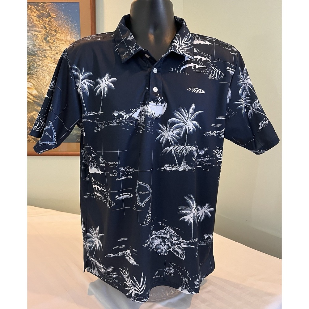 Palmwave Hawaii Mens S Hawaiian Aloha Shirt Scenic Island Print Blue Dolphins
